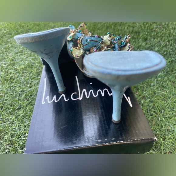 Luichiny Silk & Suede Flower Sandal Blue Slip On Heels Sz(8) - Picture 3 of 7
